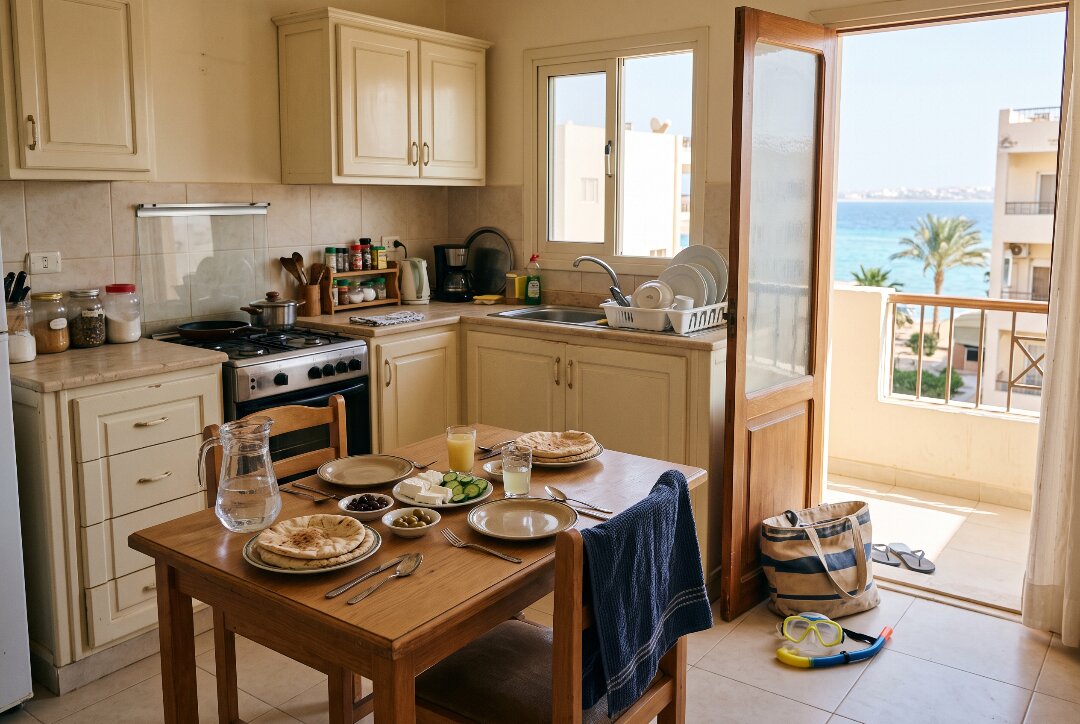 A sunlit Hurghada apartment kitchen with a laid breakfast table and snorkel gear by the door, sea view through the open balcony.