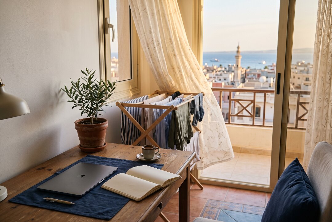 A tidy desk with a laptop, open notebook and a coffee beside a balcony window with a Red Sea view, set up for a longer stay.